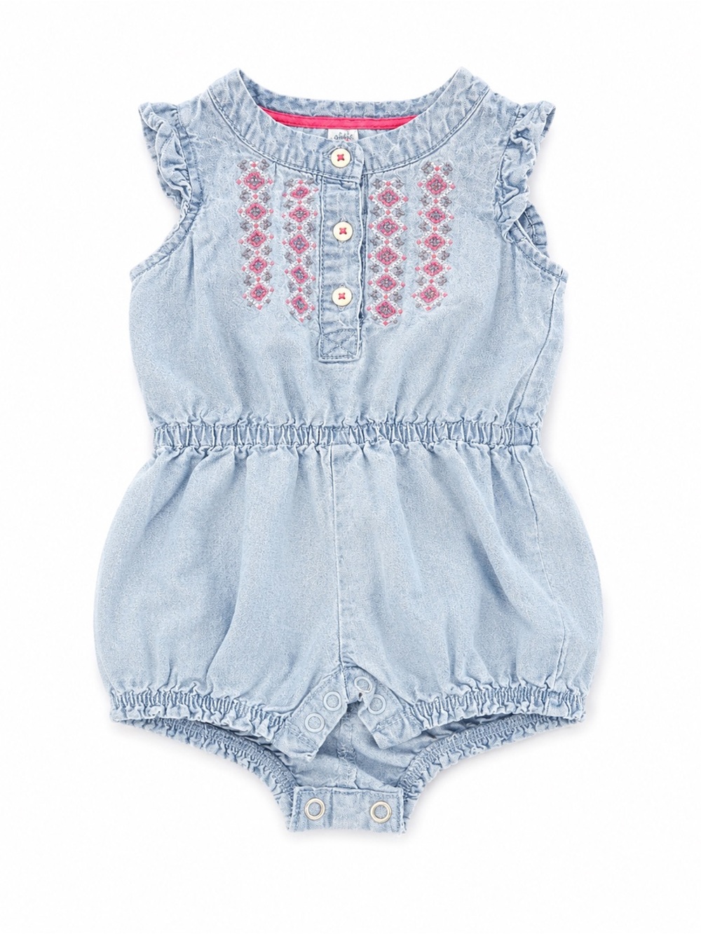 Carter's Light Denim Romper with Pink Embroidered Front